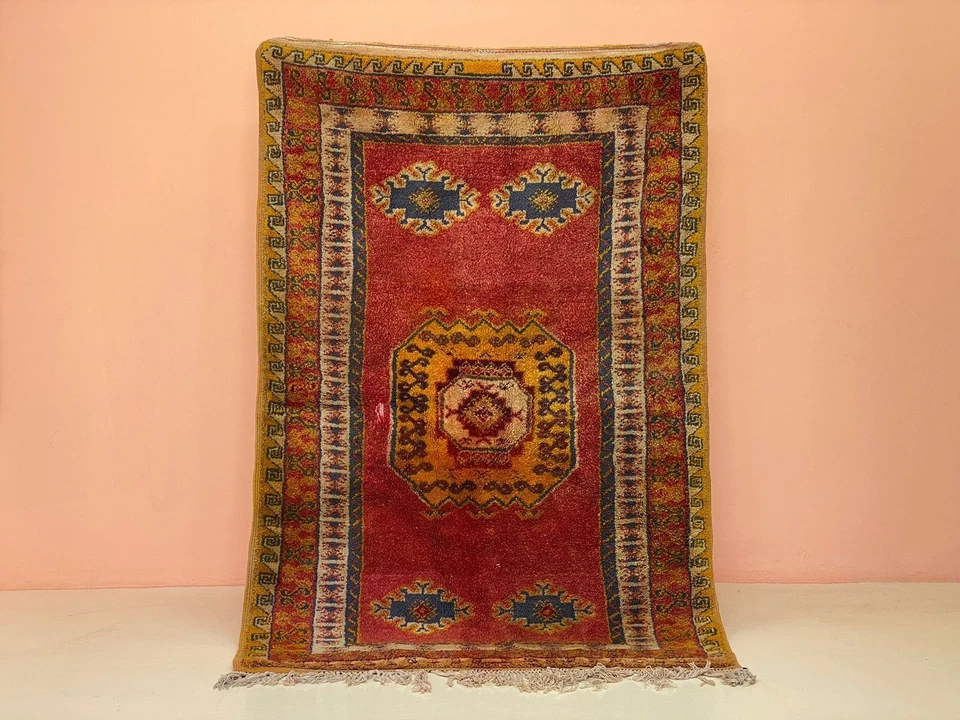 Traditionnel Wool Rug,4'4x6'7 Mid Century Modern Rug,Boho Chic Rug,Shag Red Rug - Image 1 of 4