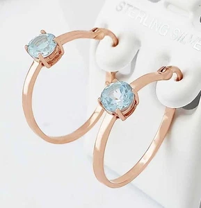 GENUINE 2.10 Cts AQUAMARINE HOOP EARRINGS .925 STERLING SILVER (ROSE TONE) - NWT - Picture 1 of 5