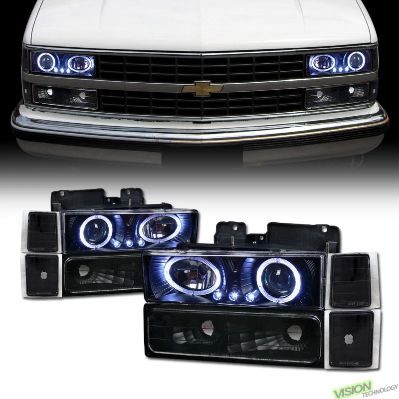 Farol projetor halo LED preto + sinal + canto Yd para caminhão 94-99 Chevy C10 C/K - Imagem 1 de 2