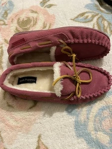Hush Puppies Womens Slippers Pink Moccasin Leather Faux Fur Lined SIZE 2 - Picture 1 of 4