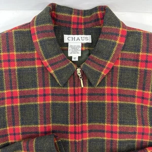 Vintage Chaus Damen Wolle kariert Reißverschluss vorne Jacke rot grün Tartan gefüttert Größe 12 LESEN - Bild 1 von 12