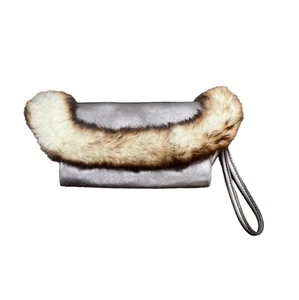 Hype Bags Women's Metallic Pewter Leather Rabbit Fur Wristlet Sz M - Picture 1 of 11