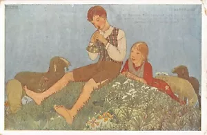 1919 sgd. Bella Vichon Junge Spielhorn & Mädchen mit Schaf Postkarte - Bild 1 von 2