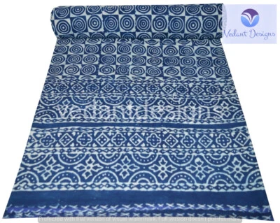 Colcha azul Kantha bloco Gudri feita à mão colchas de solteiro jogar Ralli - Imagem 1 de 4