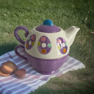  3 Piece Purple, Pink, Green , White Easter Egg Stacking Teapot & Teacup  - Picture 1 of 6