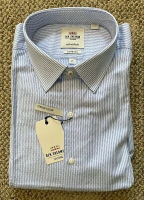 Camisa de vestir elástica ajustada a medida a rayas azules Ben Sherman 17 34/35 para hombre  Foto 1 de 2