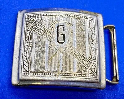 Art Deco Letter G Initial Monogram Antique French Silver Plate Belt Buckle - Image 1 of 4
