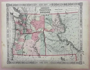 1864 Antique map of Washington Oregon and Idaho from Johnson & Ward 16" x 13" - Picture 1 of 6
