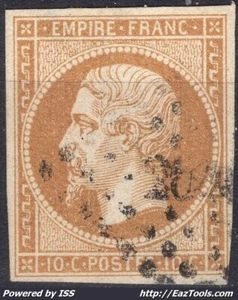 FRANCE EMPIRE 10c BISTRE CLAIR N° 13B AVEC OBLITERATION PC  - Picture 1 of 2