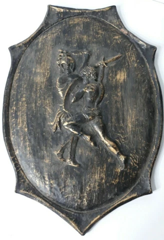 Vintage Faux Carved Wood Wall Hanging Roman Gladiator Fight Shield Large 23" Cover