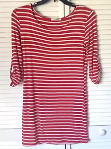 Ladies Sz S Red & White Striped Sheath Dress by Heart & Hips 3/4 Roll Tab Slv - Picture 1 of 5