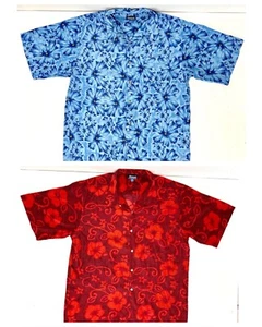 2x Vintage Mogul Floral Hawaii Shirts Mens Large Short Sleeve Button Up Red Blue - Picture 1 of 9