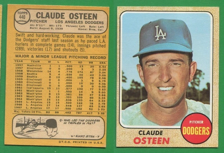 1968 Topps Baseball ~~~ Claude Osteen ~~~ No. 440 ~~~ Envío y devolución gratuitos Foto 1 de 1