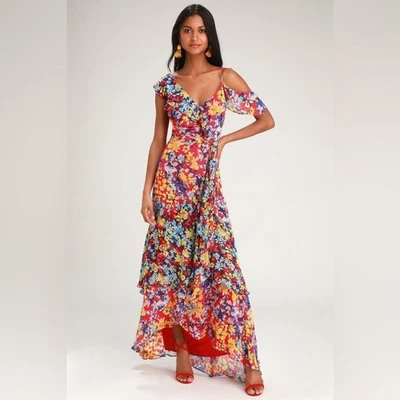 Lulus Radiant Ruby Red Floral Print Chiffon Maxi Dress sz Medium new nwt - Image 1 of 4