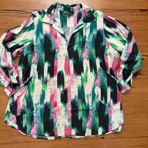Camicia blusa For Cynthia nera rosa colorata misto lino scollo a tuffo TAGLIA 1X - Foto 1 di 5