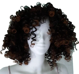 Emmor Afro Spiral Locken Synthetik Perücke dunkelbraun Highlights schulterlang - Bild 1 von 3