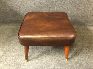 MCM 17" Square Brown Vinyl Ottoman Foot Stool with Tapered Wood Legs - Picture 1 of 6
