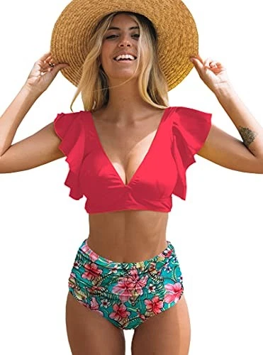 Sporlike Womens Ruffle High Waist Two Pieces PushUp Tropical Print Bikini, Small - Изображение 1 из 1