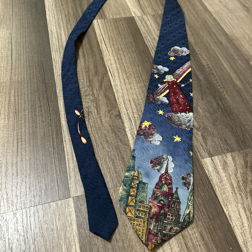 Base Make A Wish Corbata Hombre 100% Seda Azul Granate Ángel Ciudad Estrella Pintura Foto 1 de 4