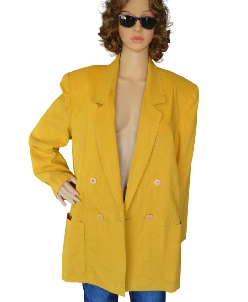 Blazer Adolfo Vintage Amarillo Mostaza Lino Algodón Doble Pecho Mujer Talla 14 Foto 1 de 4