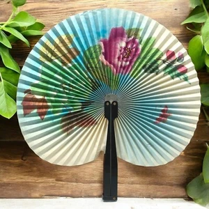 Vintage Chinese Folding Fan Floral Design Flowers Butterfly Round - Picture 1 of 9