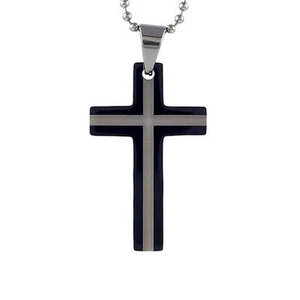 Stainless Steel Stripe with Black Edge Cross Pendant - Picture 1 of 1