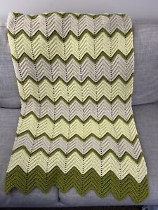 Vintage Hand Made Crochet  Afghan Throw Blanket  56” X 81”   Green Yellow LARGE