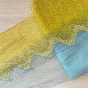3.5 Yards 10" Wide Mesh Tulle Lace with Embroidery in Soft Blue & Yellow tt063 - Picture 1 of 4