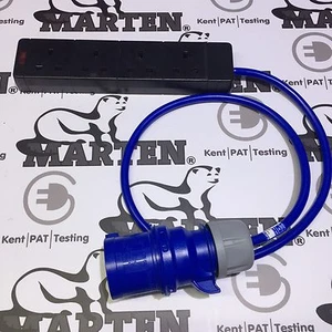 Marten® 230v 32a PCE Plug to 4 Gang Way 13a Socket Lead Blue Cable 1m Hook Up - Picture 1 of 3