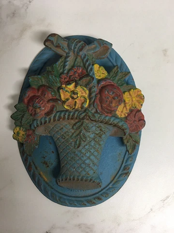 Vintage Cast Iron Basket of Flowers Door Knocker Blue Country Chic Cover