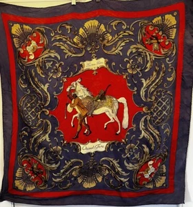 Sale!  As Is  Vtg Hermes Paris 109% Silk Scarf Cheval Turc 34” Sq Red Blue As Is - Picture 1 of 9