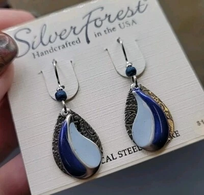 Pendientes Bosque Plata EE. UU. Capas Cuelgan Azul 2 Tonos Esmalte Diseño Lágrima Foto 1 de 4