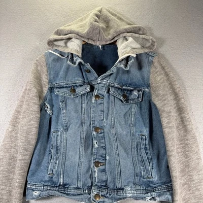 Free People Denim Jacket Hoodie Distressed Blue Gray Women's Size Medium - Image 1 of 4