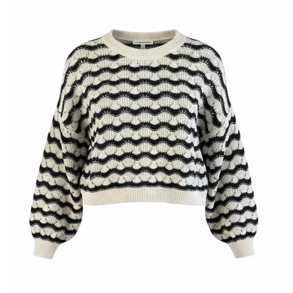 Suéter corto tejido onda geométrica H&M para mujer crema negro manga globo XL Foto 1 de 4