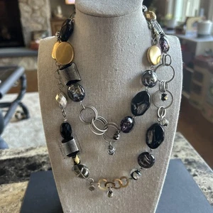 Chico's Single Strand Black Silver Beaded Boho Statemnt Necklace GoldTone Chain - Picture 1 of 6