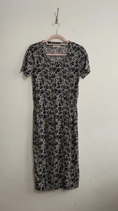 WoolOvers Midi Dress Size XS 6 8 Beige Navy Blue Floral Summer Jersey - Picture 1 of 10
