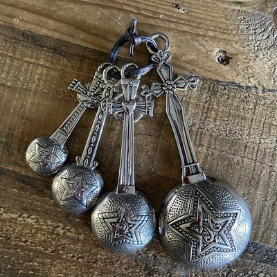 GANZ Silver Metal Measuring Spoons 4 pc Set Tbsp Tsp Cross Religious Faith Gift - Image 1 of 4