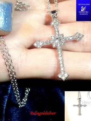 Collana Donna Argento Rod SWAROVSKI ORIGINALI Crocifisso Rosario Croce Oro amen - Immagine 1 di 4