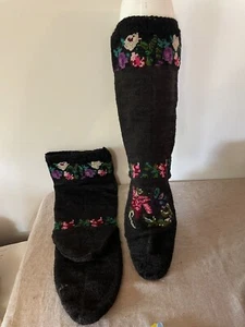 Antique Victorian Heavy Black Stockings Socks Embroidery Flowers Women Men OOAK - Picture 1 of 15