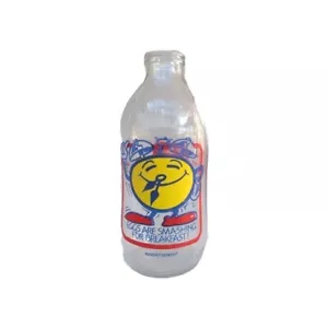 Unigate Advertising Glass Pint Milk Bottle Eggs Are Smashing For Breakfast 1980s - Picture 1 of 13