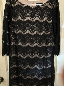 Black Lace Sheath Dress Size 10 Medium 3/4 Sleeves EUC Tan Lining Jessica Howard - Picture 1 of 15