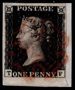 1840 1d schwarzer Teller 6 TF 4m rotes Malteserkreuz kleines Stück sehr fein Kat. 375,00 £ - Bild 1 von 1