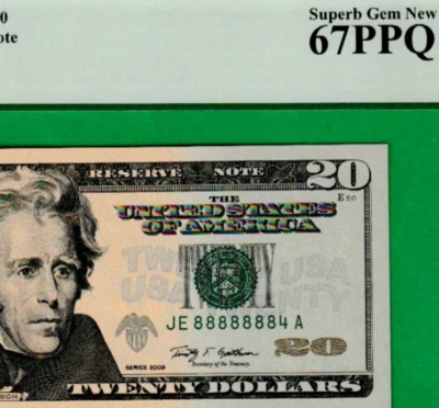 2009  $20  Federal Reserve note PCGS 67 LUCKY 8's NEAR SOLID S/N "JE 88888884 A* - Image 1 of 3