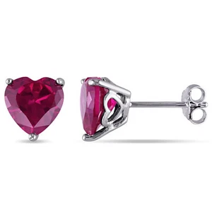 Amour Sterling Silver Created Ruby Solitaire Heart Earrings - Picture 1 of 4