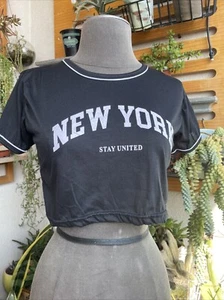 Black Crop Top New York Print Size Women Size S - Picture 1 of 7