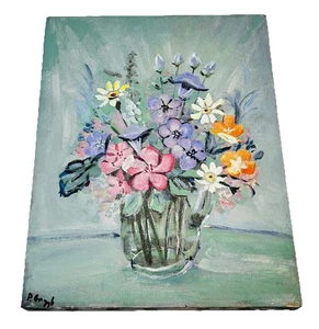 Vintage Original Blumenstillleben Gemälde auf Leinwand signiert P Grayb 14x11 Kunst - Bild 1 von 17