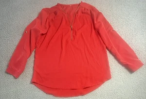 Unbranded Red Womens XL Stretch 1/2 Zip Roll Tab Sleeve Flowy Preppy Chic Blouse - Picture 1 of 11