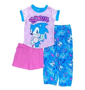 Girls Sonic The Hedgehog 3 PC Pajamas Set Pink Shirt Pants & Shorts Pjs Size 4 - Picture 1 of 2