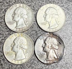 LOT OF 4 - 1964 ( 1 DAMAGED) WASHINGTON QUARTERS 90% SILVER AS SHOWN - Picture 1 of 2