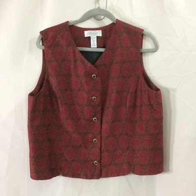 1990s Lord & Taylor Vintage Red Brocade Vest Size Large Metallic Tapestry Lined - Image 1 of 4